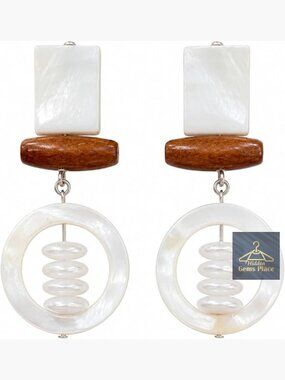 Geometric Shell Hoop Drop Earrings, Wood Beaded Dangle Statement Earrings,